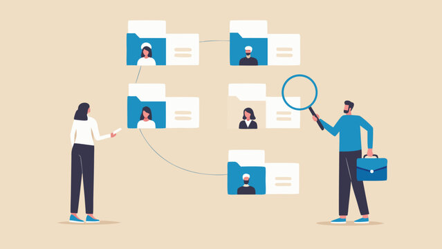 Recruiting process illustrated with people and file folders connected by lines