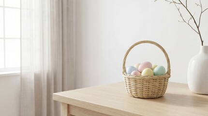 Fototapeta premium Small wicker basket filled with pastel colored eggs placed on a light wooden table near a window. Soft natural light and minimal interior create a clean spring scene. High quality photo