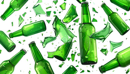 Green glass bottles, some broken, scattered against a black background