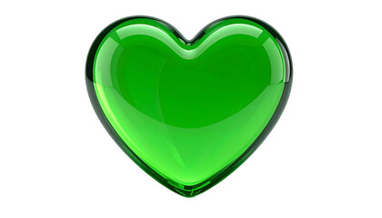 A glossy, transparent, emerald-green heart shape against a stark black background