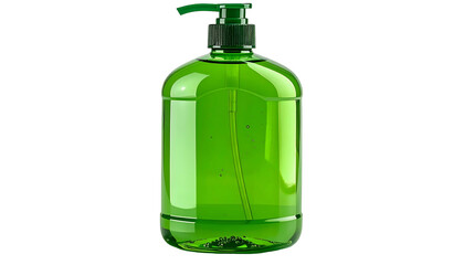 Green transparent liquid soap dispenser with a pump, set against a black backdrop