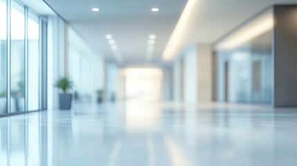 Obraz premium A bright and modern office hallway with a shiny floor and large windows