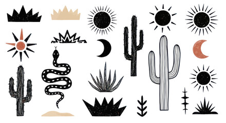 Bohemian Desert Elements Collection with Cacti Sun Moon Snake. © Karimun