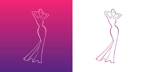 Logotipo de boutique de moda femenina. Dibujo sencillo con líneas de una mujer de pie con los brazos levantados con un vestido color violeta, vista de perfil  © teracreonte