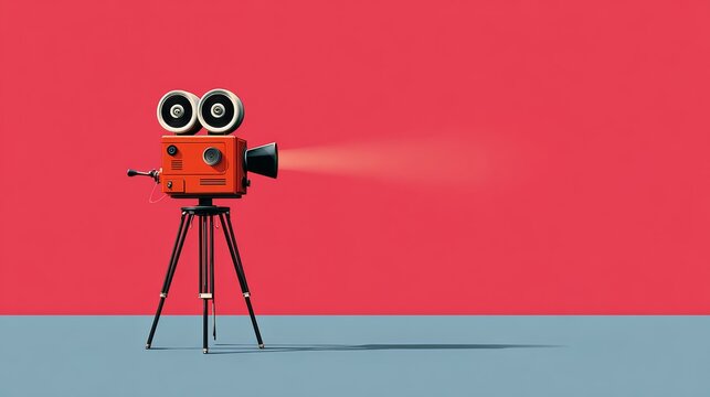 A red camera with a red lens is on a tripod. The camera is pointing at a red background