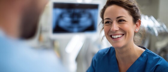 Fototapeta premium The Dental Hygienist Smiling During a Patient Consultation in a Modern Dental Clinic