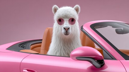 Fototapeta premium A white llama is sitting in a pink convertible car. The car is pink and has a pink interior. The llama is wearing sunglasses and he is enjoying the ride