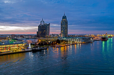 Fototapeta premium Aerial view of Mobile, Alabama at twilight