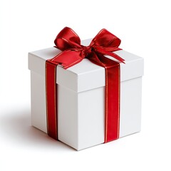 Fototapeta premium A white gift box tied with a vibrant red ribbon and bow, on a white background