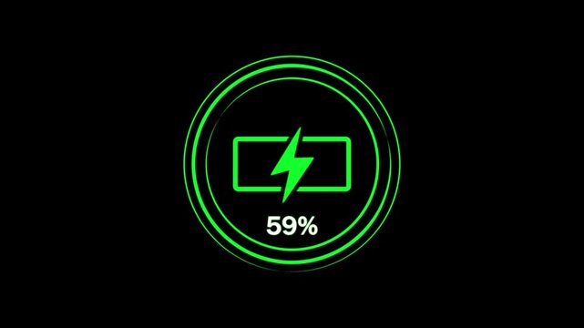 Stylized battery graphic displaying 67% capacity with glowing lightning bolt and layered concentric rings on sleek black circular background. Symbolizes partial energy, technology, and efficiency.