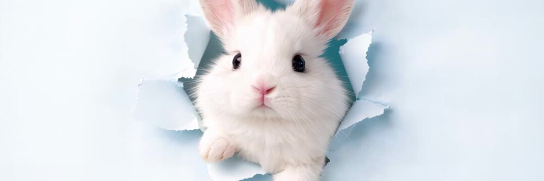 Cute white bunny peeking through torn paper on light background, wide website banner with copy space for text, playful spring easter concept.
