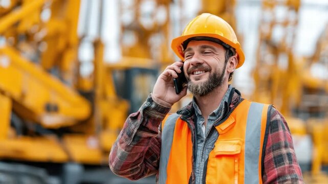 Construction Worker Communication: A smiling construction worker in a hard hat and safety vest communicates on a phone amid construction machinery.