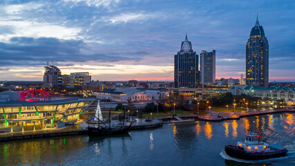 Fototapeta premium Aerial view of Mobile, Alabama at twilight