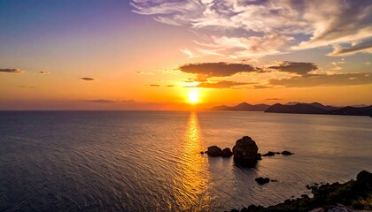 Serene Ocean Sunset with Rocky Outcrops.