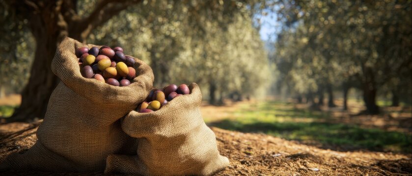 The Olive Sacks in a Sunlit Mediterranean Grove Filled With Ripe Colorful Olives