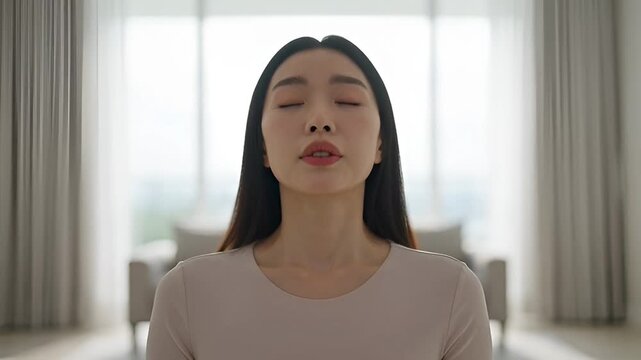 Relaxing meditation moment with calm focused breathing in bright living room