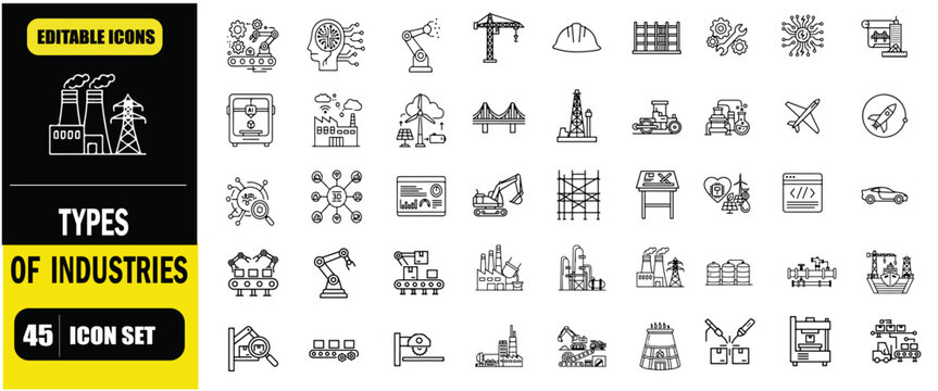Types of Industries and Engineering Fields Outline Icon Set, Manufacturing and Production Activities, Industrial Sectors, Factory Operations, Technology and Construction, Linear Editable Stroke Vector