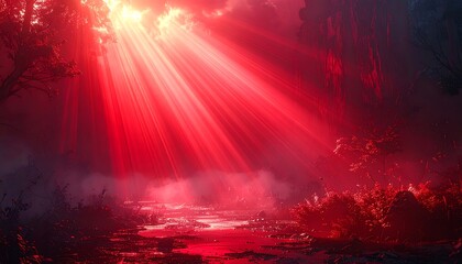 Dramatic Red Light Rays Through Darkness.