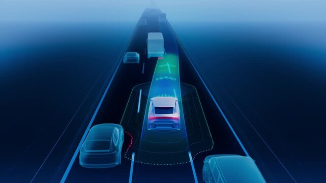 Mock-up of an Autonomous Car UI showing Surrounding Traffic and Lane Keeping Technology. 3D Animation of Self-Driving Car with Sensors and Advanced Cruise Control Capabilities.