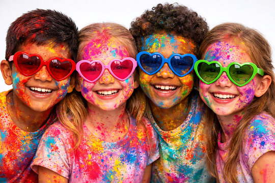 Four cute little children wearing colorful heart shaped sunglasses smiling happily with faces covered in vivid powder celebrating holi holika dhan and rang panchami festival