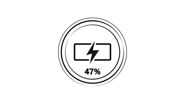 Clean battery design showing 52% charge level with a glowing lightning bolt and concentric ring details on a dark circular backdrop. Represents mid-range energy power.