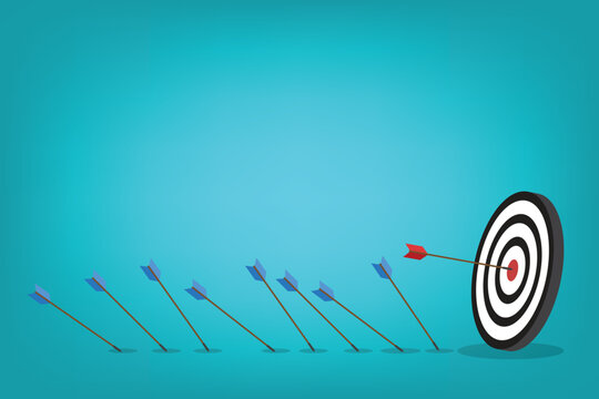 Business challenge failure and success concept. Blue arrows missed hitting target and only red one hits the center.	