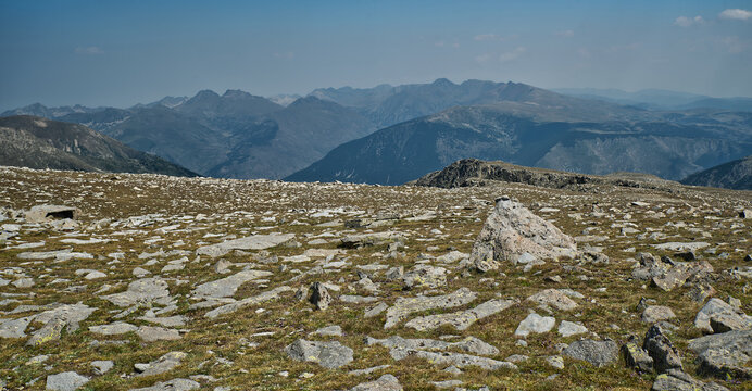 View from Puigpedros mountain peak in Pyrenees mountains on borders between Spain and France
