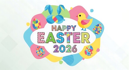 Playful abstract Easter banner featuring a cute chick, decorated eggs, and colorful shapes, wishing Happy Easter 2026 with a fun, modern, and festive design.