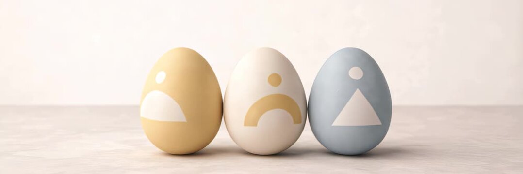 Three Easter eggs with abstract faces on minimal background, wide website banner with copy space for text, modern spring holiday concept.