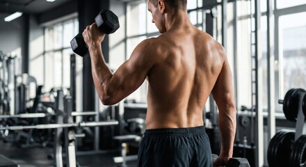 Fototapeta premium A shirtless person lifting a dumbbell in a gym with large windows.