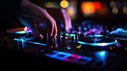 Obraz premium The DJ controller in action with hands adjusting knobs and colorful club lights