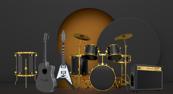 Set of guitars, drums, and amplifiers arranged on podium with abstract background. Concept of modern music performance setup