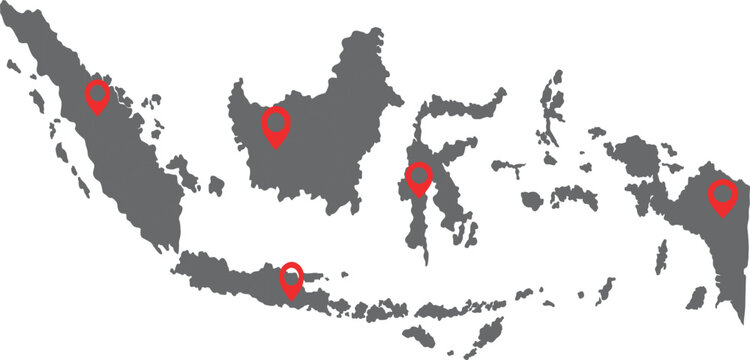 Detailed Map of Indonesia with Location Pins Isolated on White Background