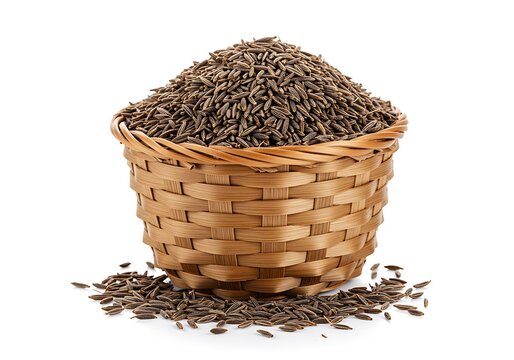 Basket filled with whole cumin seeds on white surface