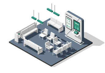 Obraz premium Modern Isometric Illustration of a Public Waiting Area with Information Kiosk and Diverse Seating Arrangements