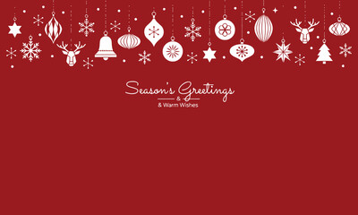 Elegant white Christmas ornaments and snowflakes decorate a festive red background with holiday greetings © sehrish