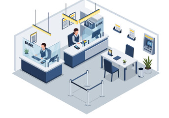 Fototapeta premium Modern Isometric Bank Interior Illustration Depicting Tellers, Customer Service Desks, and Financial Operations in a Professional and Organized Environment