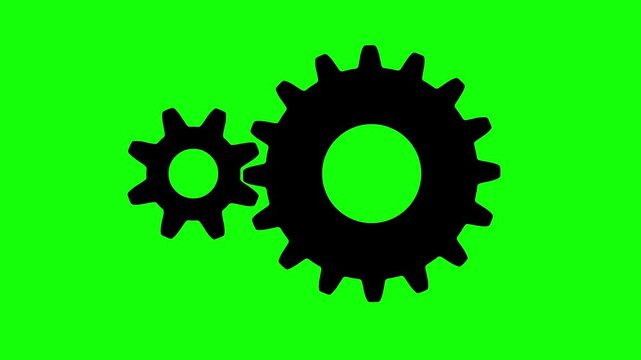 two black gear pinion animation mechanism on green screen background. Gear rotation, mechanism with neon glow, clutch mechanics,  4k video animation, motion graphics, chroma key