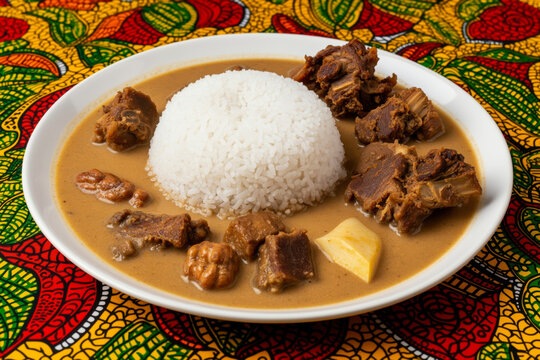 Vibrant Nigerian Eba with Palm Kernel Soup on White Plate, Served on Colorful African-Print Fabric - A Celebration of Home-Cooked Tradition