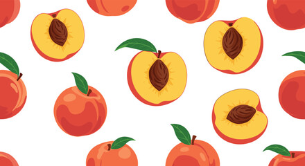 Seamless repeating pattern of vibrant, juicy peaches, both whole and sliced in half, on a clean white background for textiles.