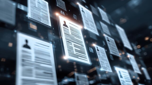 Concept of digital recruitment and resume screening in a futuristic virtual environment with glowing job application profiles