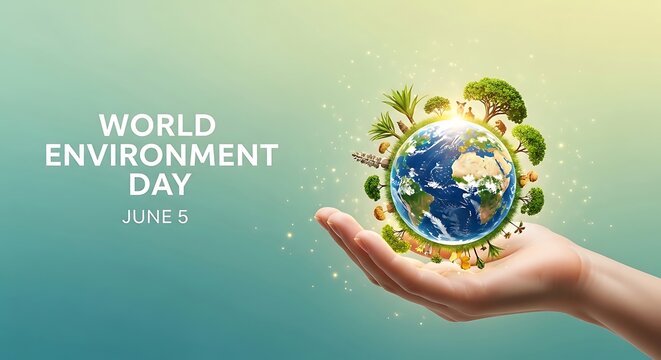 A hand holding a globe surrounded by greenery on world environment day june sixth