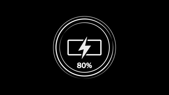 Battery icon at 87% power with luminous lightning bolt on black circular background