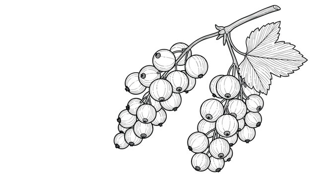 Botanical ink drawing of a red currant branch with berries and a leaf, depicted in a detailed vintage engraving illustration.