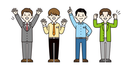 オフィス・企業で働く、複数の若い男性社員・サラリーマンの全身ベクターイラスト素材セット