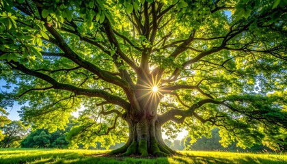 Majestic Tree with Sunlight Filtering Through Leaves.