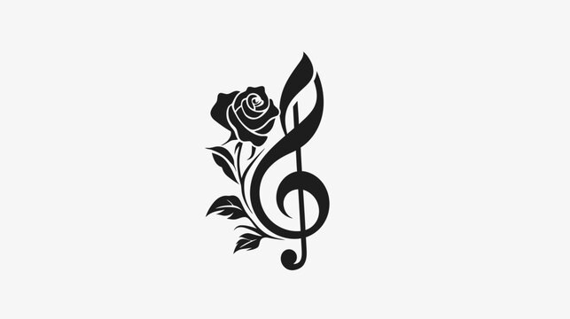 Elegant black rose and musical treble clef graphic design on white
