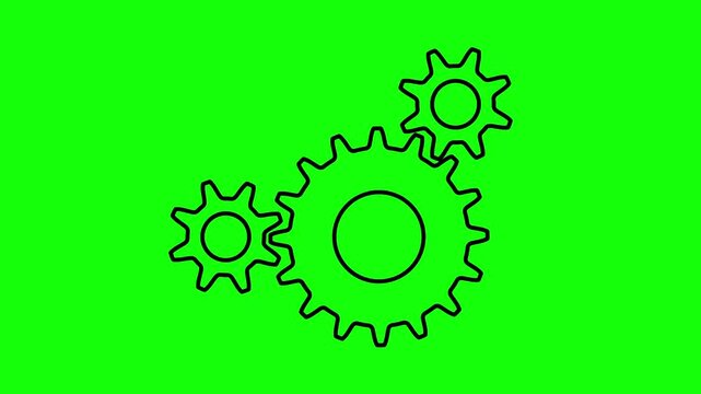 three black gear pinion animation mechanism on green screen background. Gear rotation, mechanism with neon glow, clutch mechanics,  4k video animation, motion graphics, chroma key