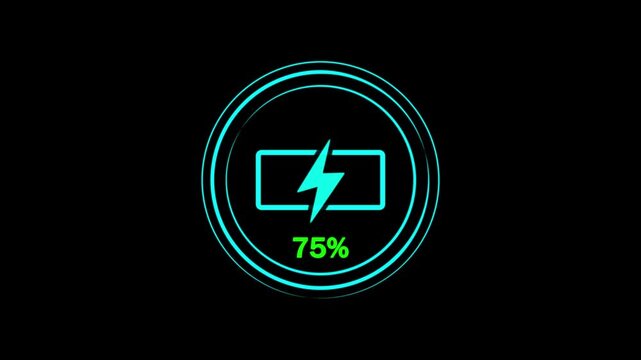 Battery icon at 84% power with bright lightning bolt on black circular background
