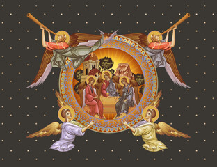 Naklejka premium Trinitian. Holy trinity. Decorative vintage illustration with angels in Byzantine style